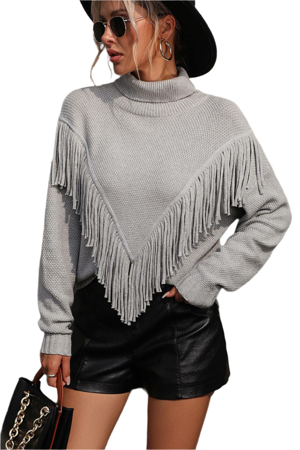 Turtle Neck Tassel Front Long Sleeve Pullover Sweater