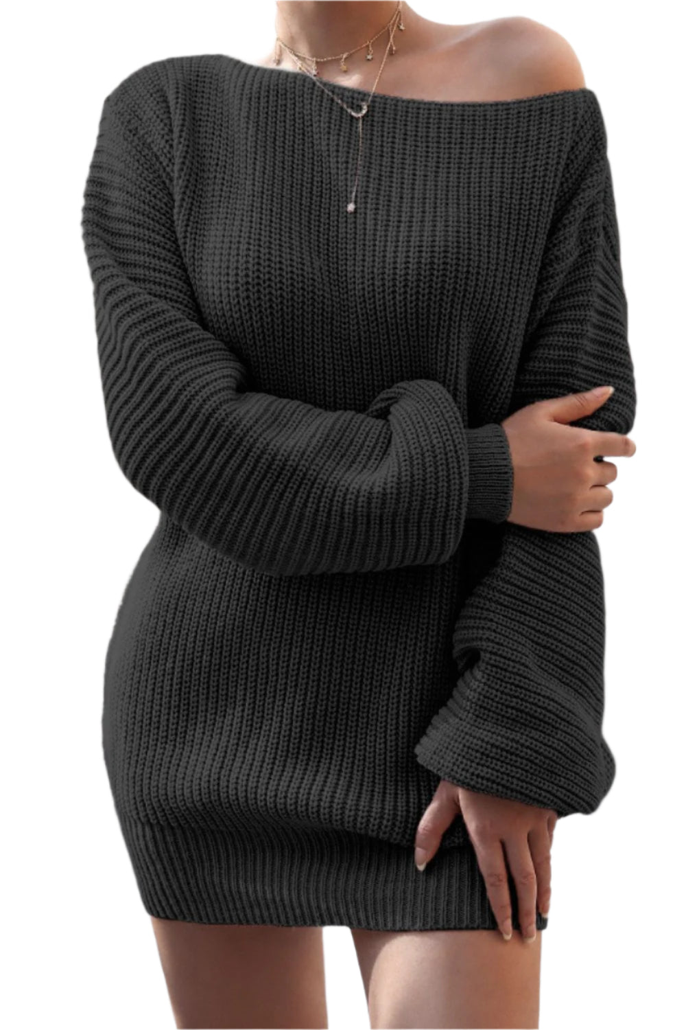 Boat Neck Long Sleeve Mini Sweater Dress