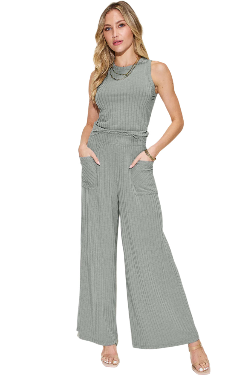 Basic Bae Full Size Ribbed Tank and Wide Leg Pants Set