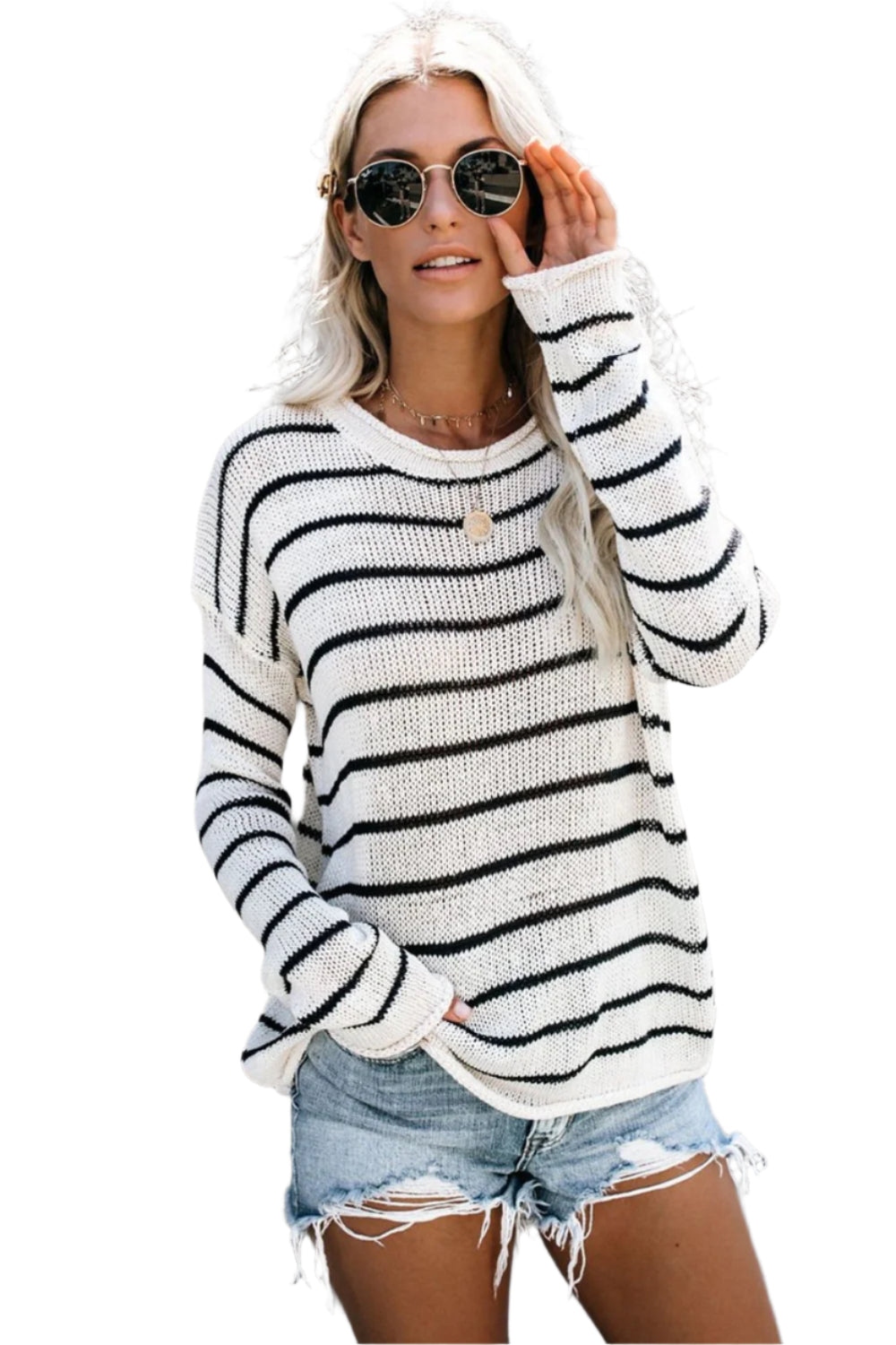 Striped Round Neck Drop Shoulder Sweater