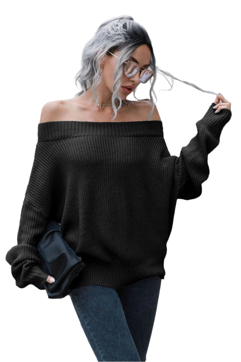 Off-Shoulder Ribbed Long Sleeve Pullover Sweater