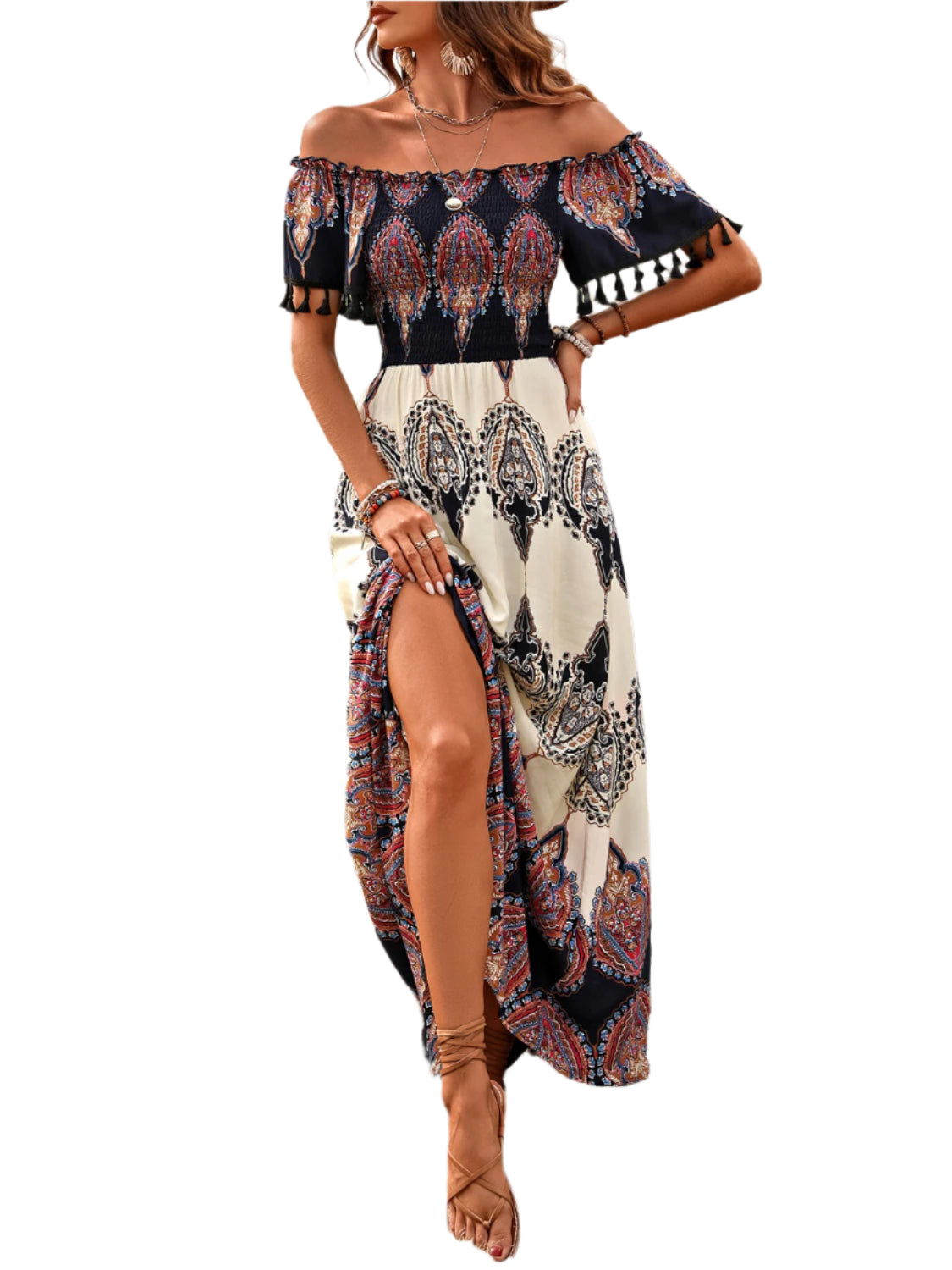 Honey Tassel Printed Off Shoulder Short Sleeve Dress