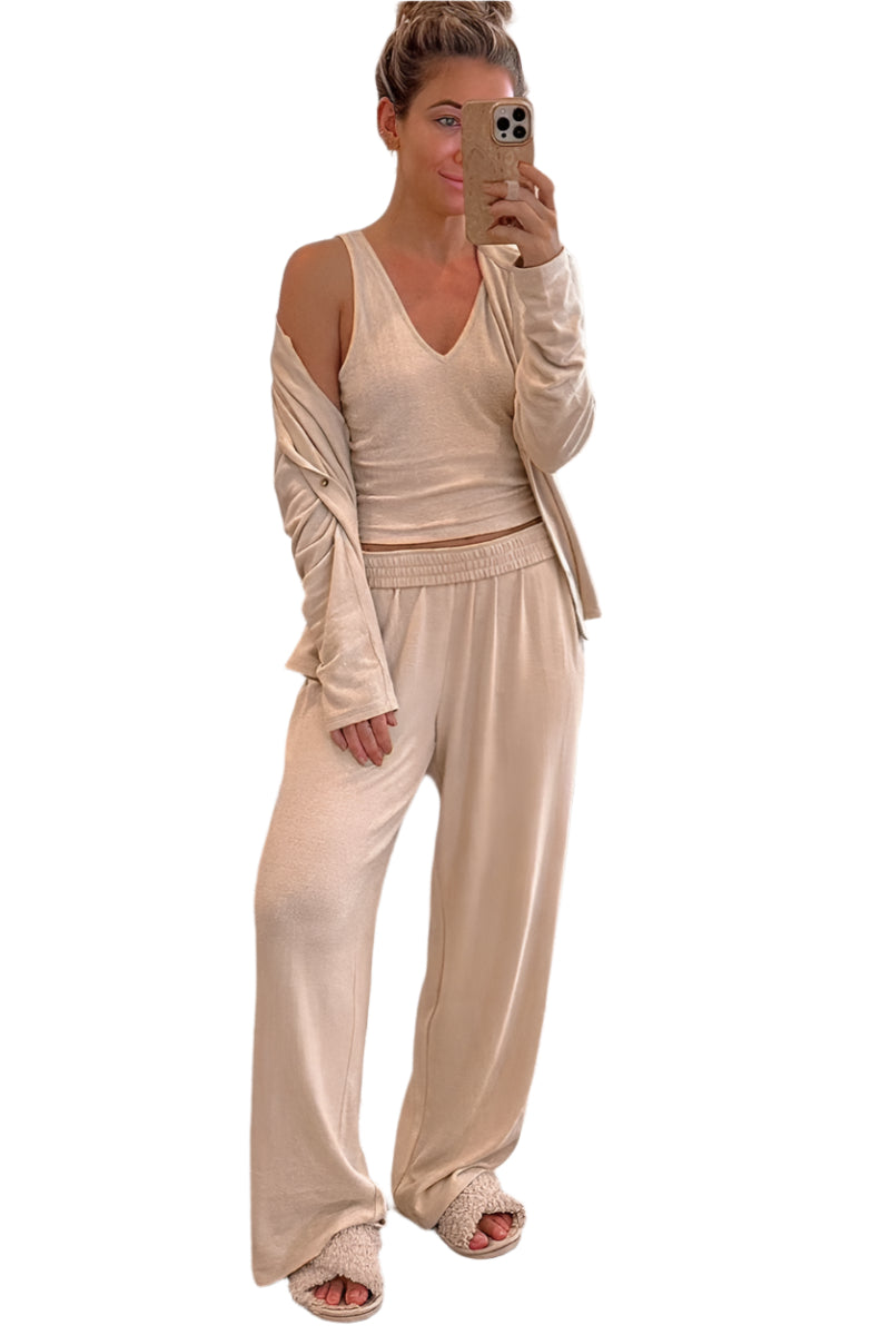 V-Neck Tank, Open Front Cardigan and Pants Lounge Set