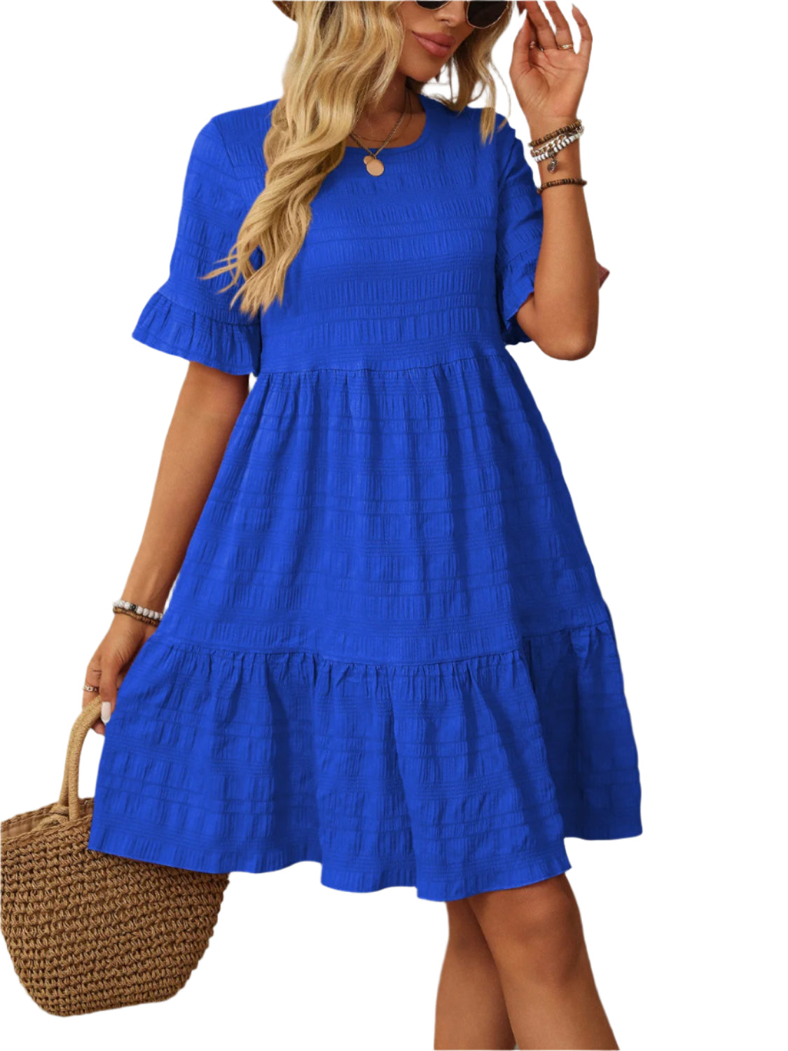 Mandy Ruffled Ruched Round Neck Half Sleeve Dress