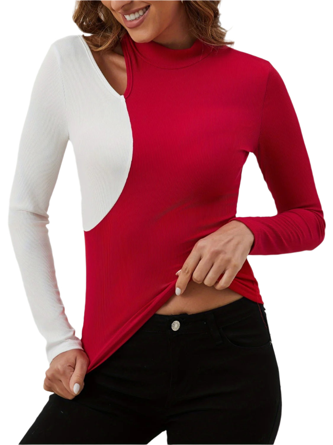 Cutout Contrast Mock Neck Long Sleeve T-Shirt