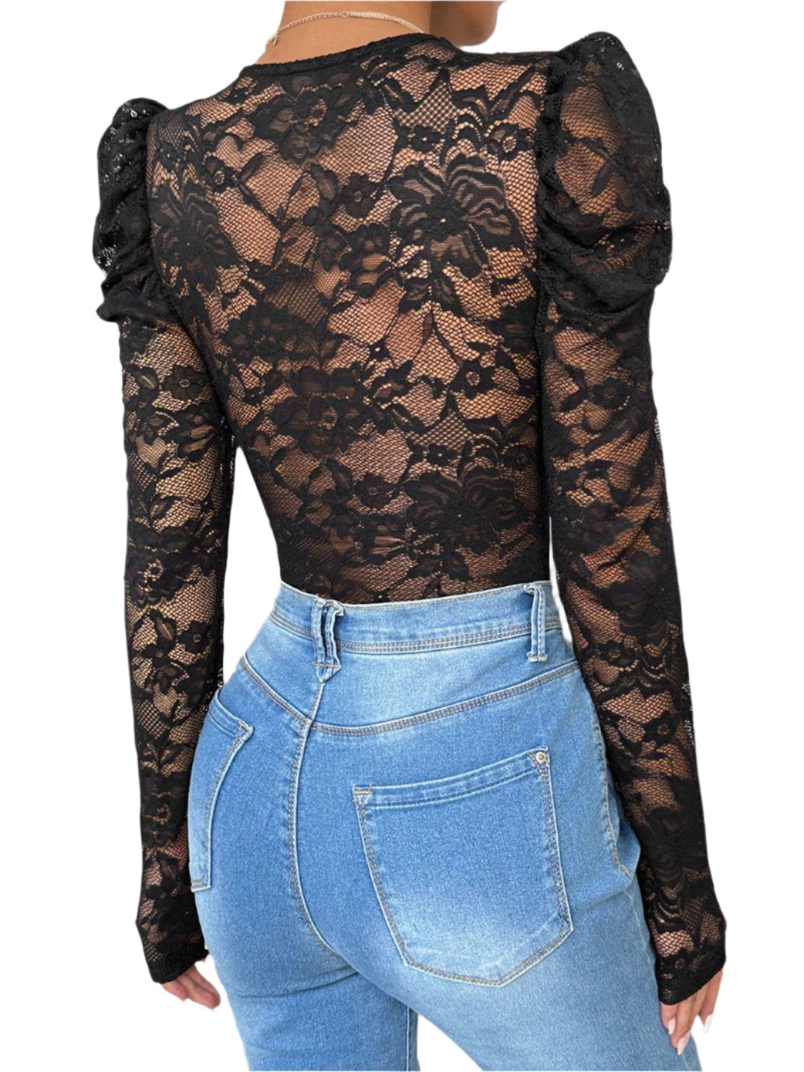 Perfee Lace V-Neck Long Sleeve Bodysuit