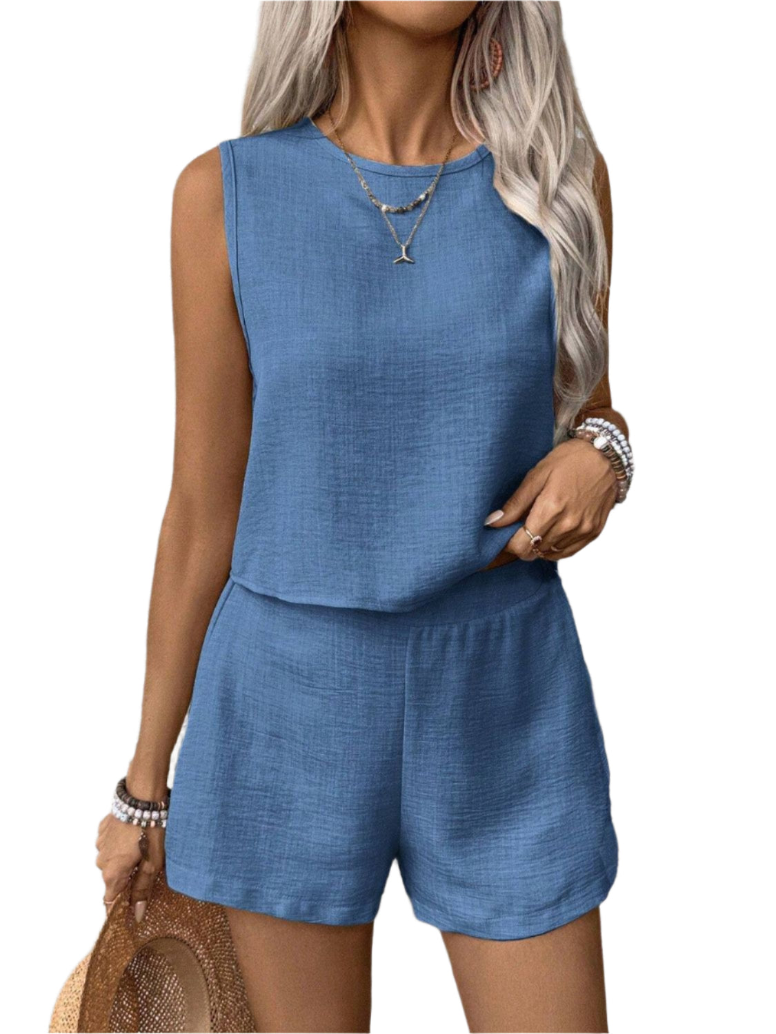 Round Neck Sleeveless Top and Shorts Set