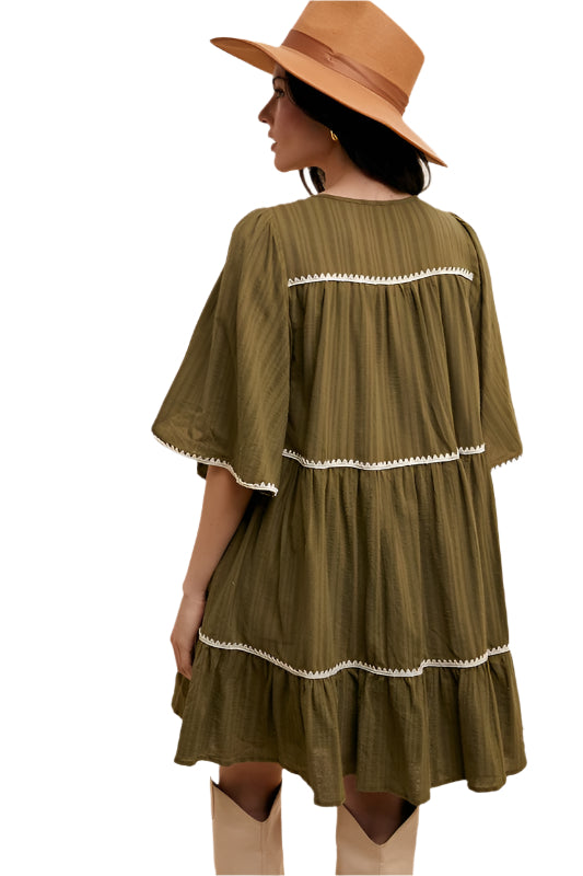 Annie Wear Tassel Contrast Trim Tie Neck Half Sleeve Tiered Dress