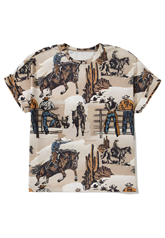 Cowboy Print Round Neck Short Sleeve T Shirt