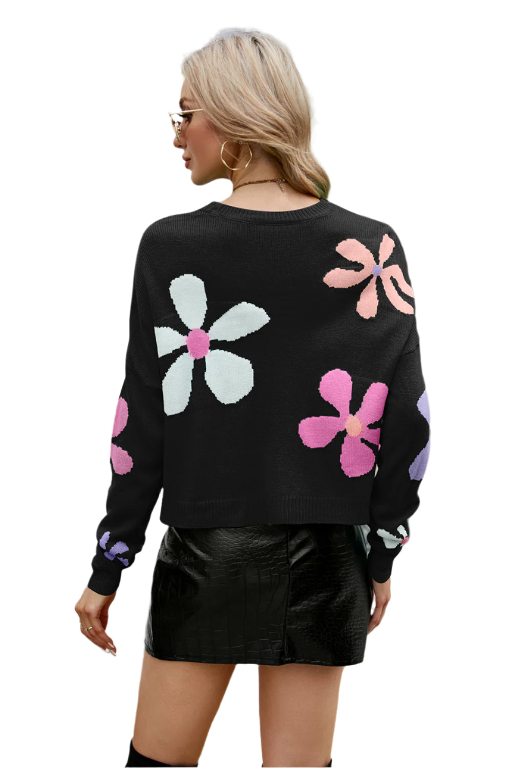Flower Round Neck Drop Shoulder Sweater