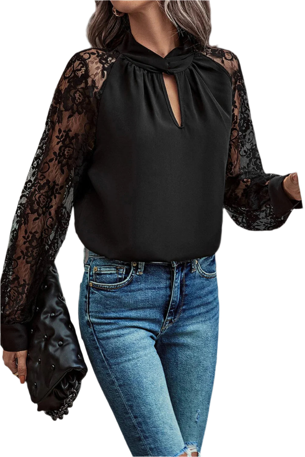 Cutout Lace Detail Long Sleeve Blouse