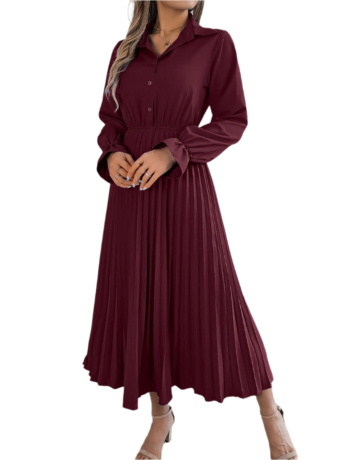 Pleated Half Button Long Sleeve Midi Dress