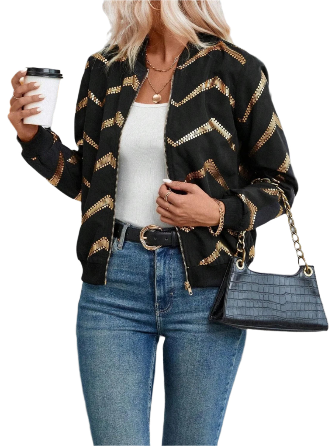 Printed Baseball Collar Zip Up Jacket