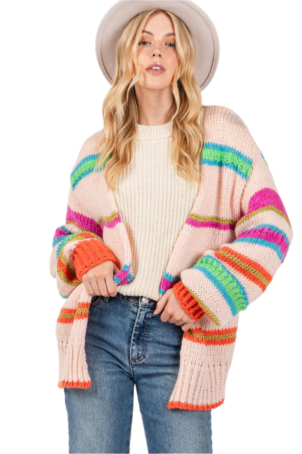 SAGE + FIG Rainbow Striped Open Front Knit Cardigan