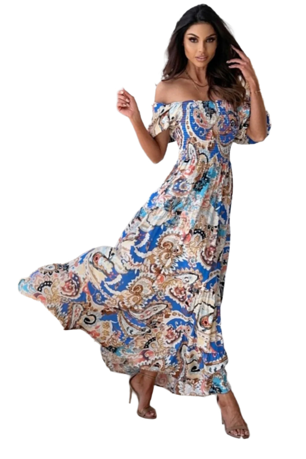 Smocked Printed Short Sleeve Maxi Dress