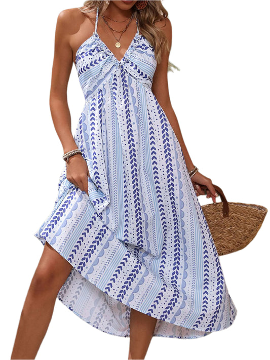 Perfee Tied Printed Halter Neck Midi Dress