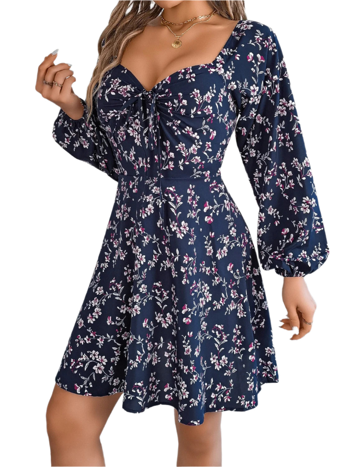 Printed Sweetheart Neck Balloon Sleeve Mini Dress