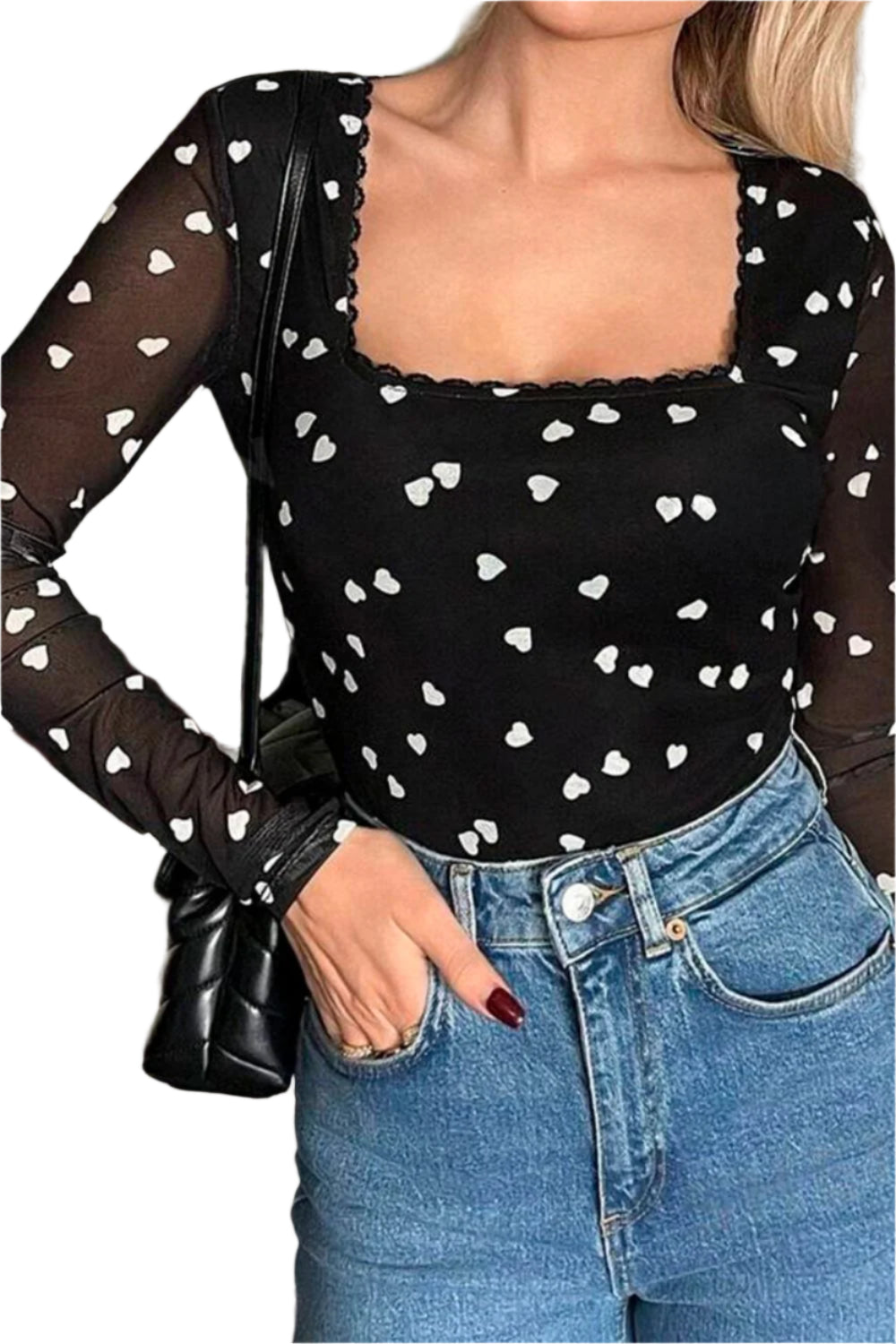 Heart Square Neck Long Sleeve Bodysuit