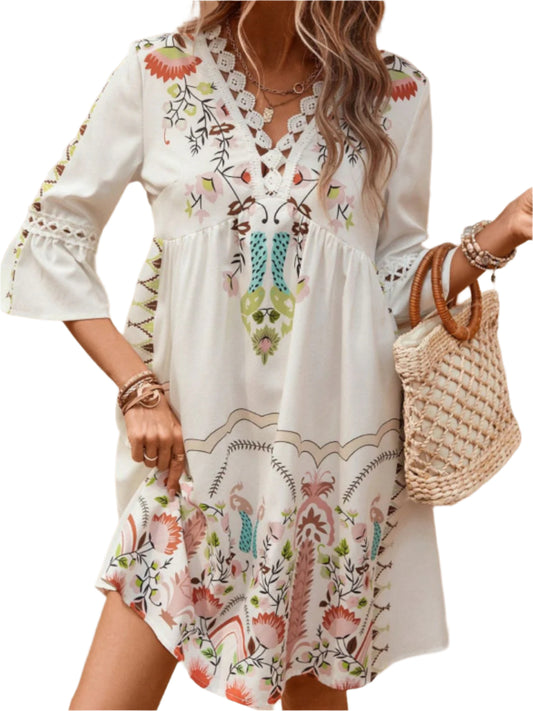 Lace Detail Printed Three-Quarter Sleeve Dress