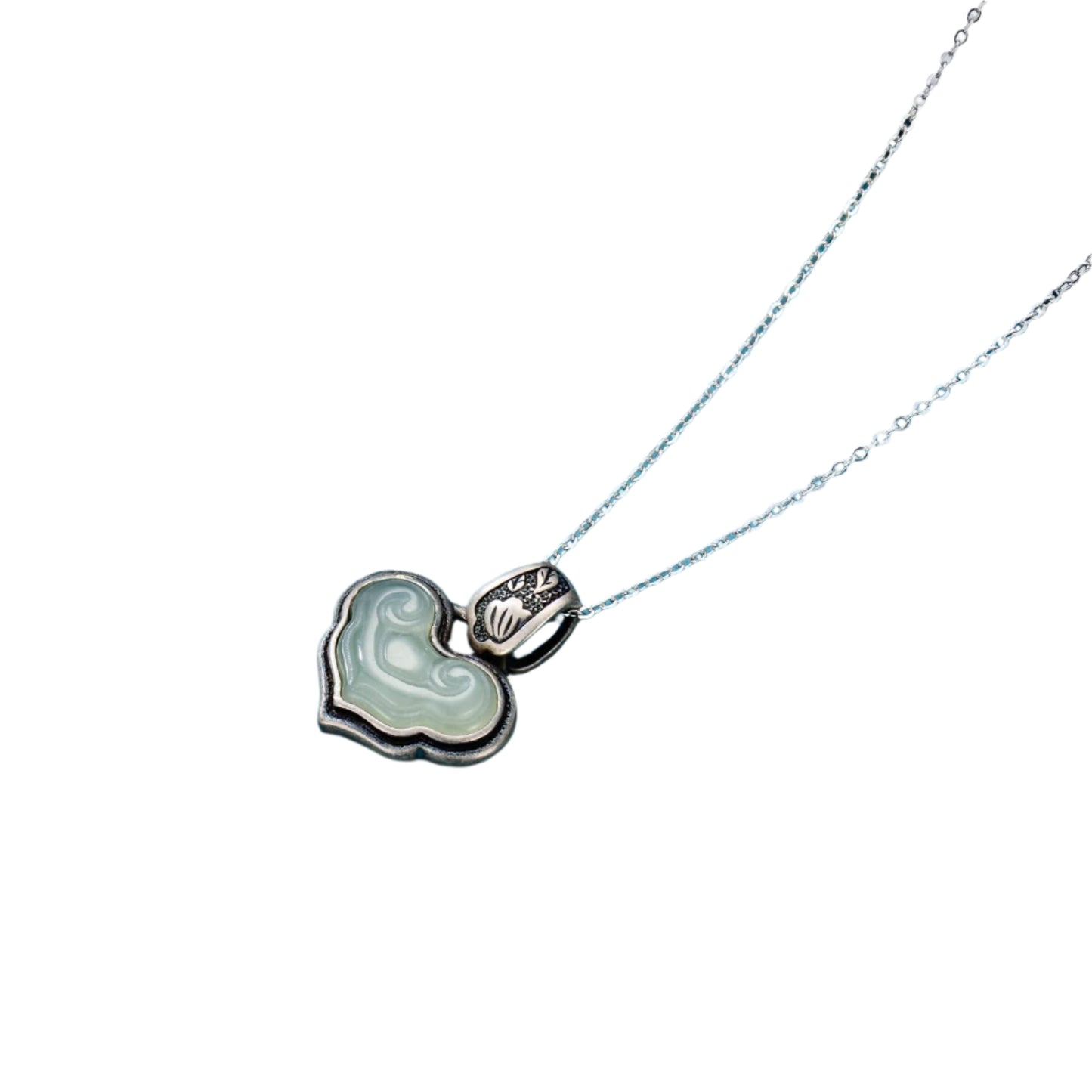 Carved Jade Crystal Inlaid Heart Pendant 925 Sterling Silver Necklace