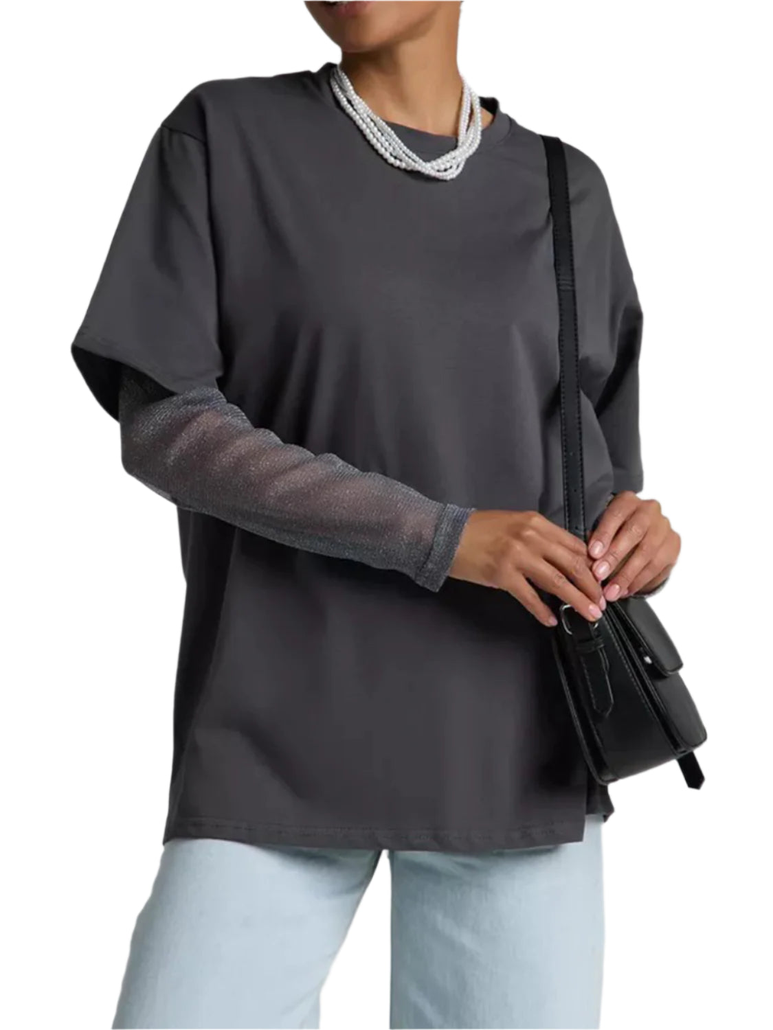 Faux Layered Round Neck Mesh Sleeve Top