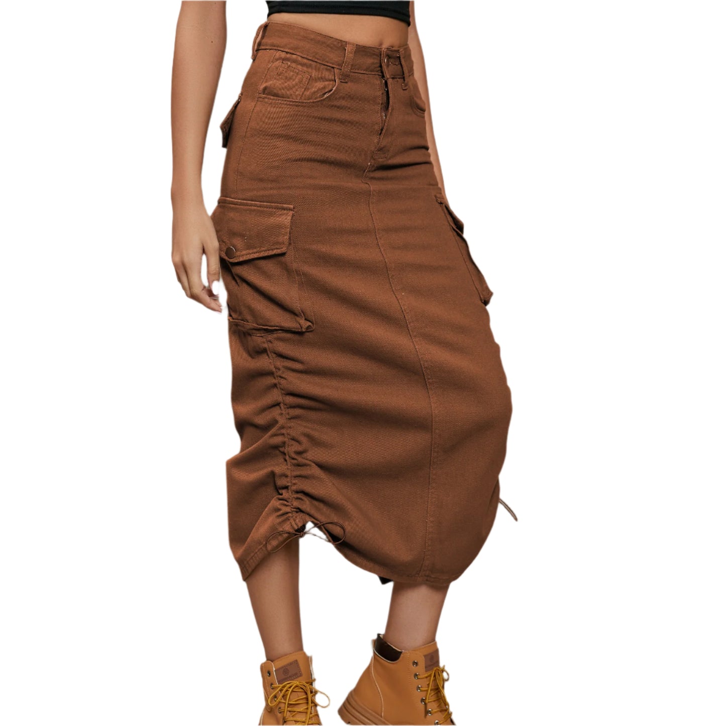 Drawstring Ruched Slit Denim Midi Skirt