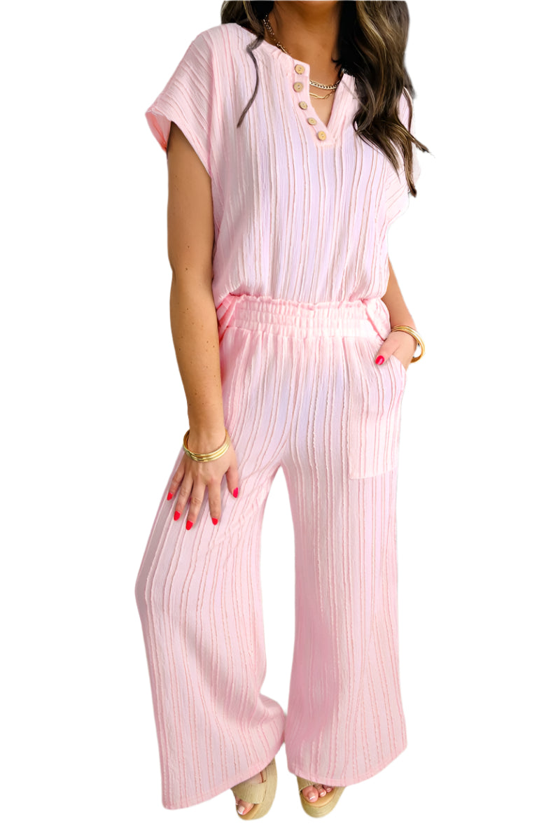 Textured Short Sleeve Top and Pocketed Wide Leg Pants