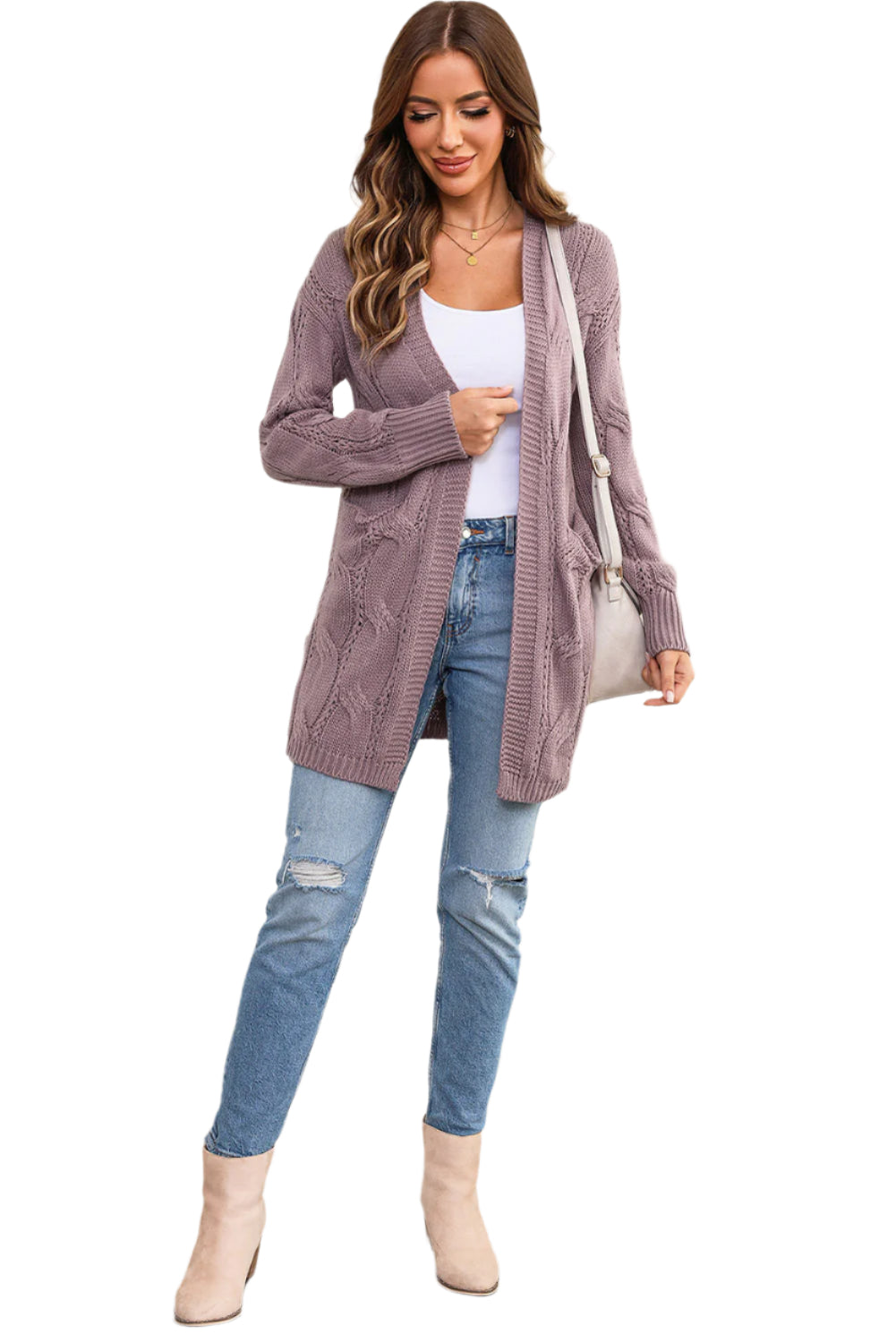 Cable-Knit Dropped Shoulder Slit Cardigan