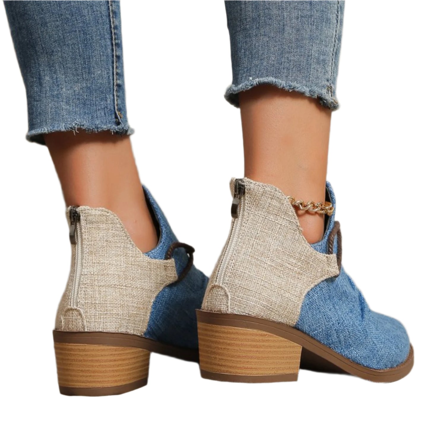 Contrast Canvas Low Heel Boots