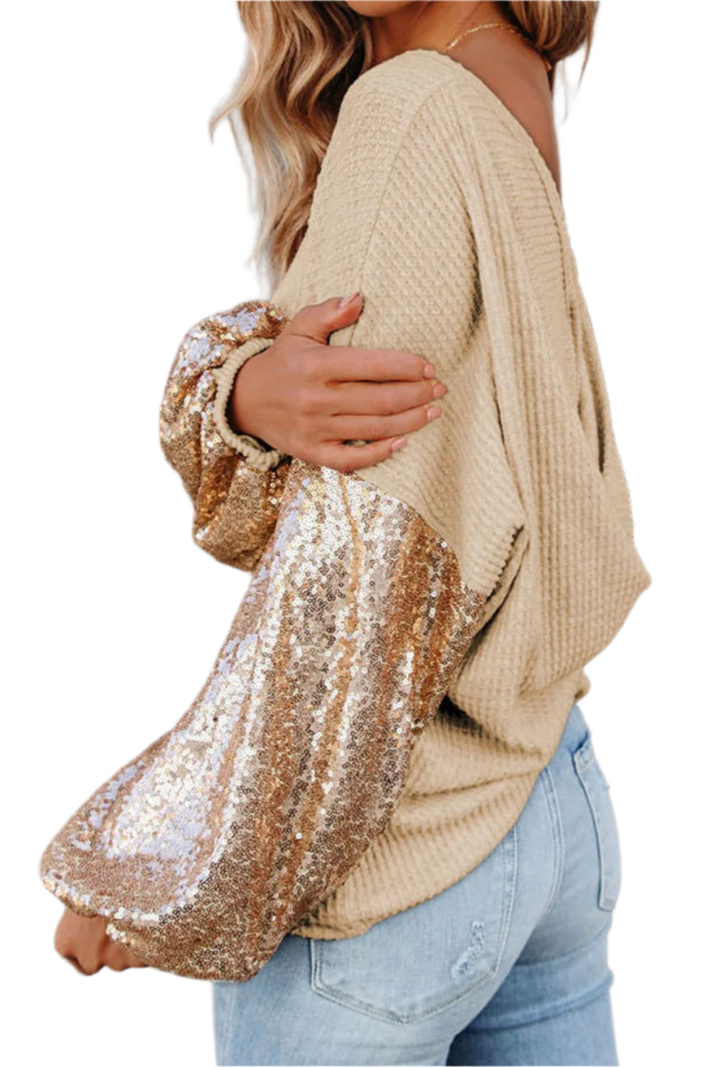 Sequin Waffle-Knit Blouse