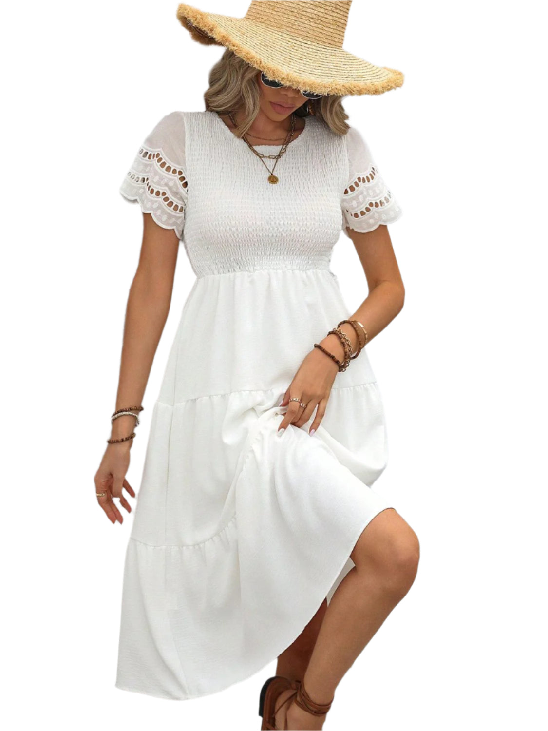 Smocked Round Neck Short Sleeve Dress