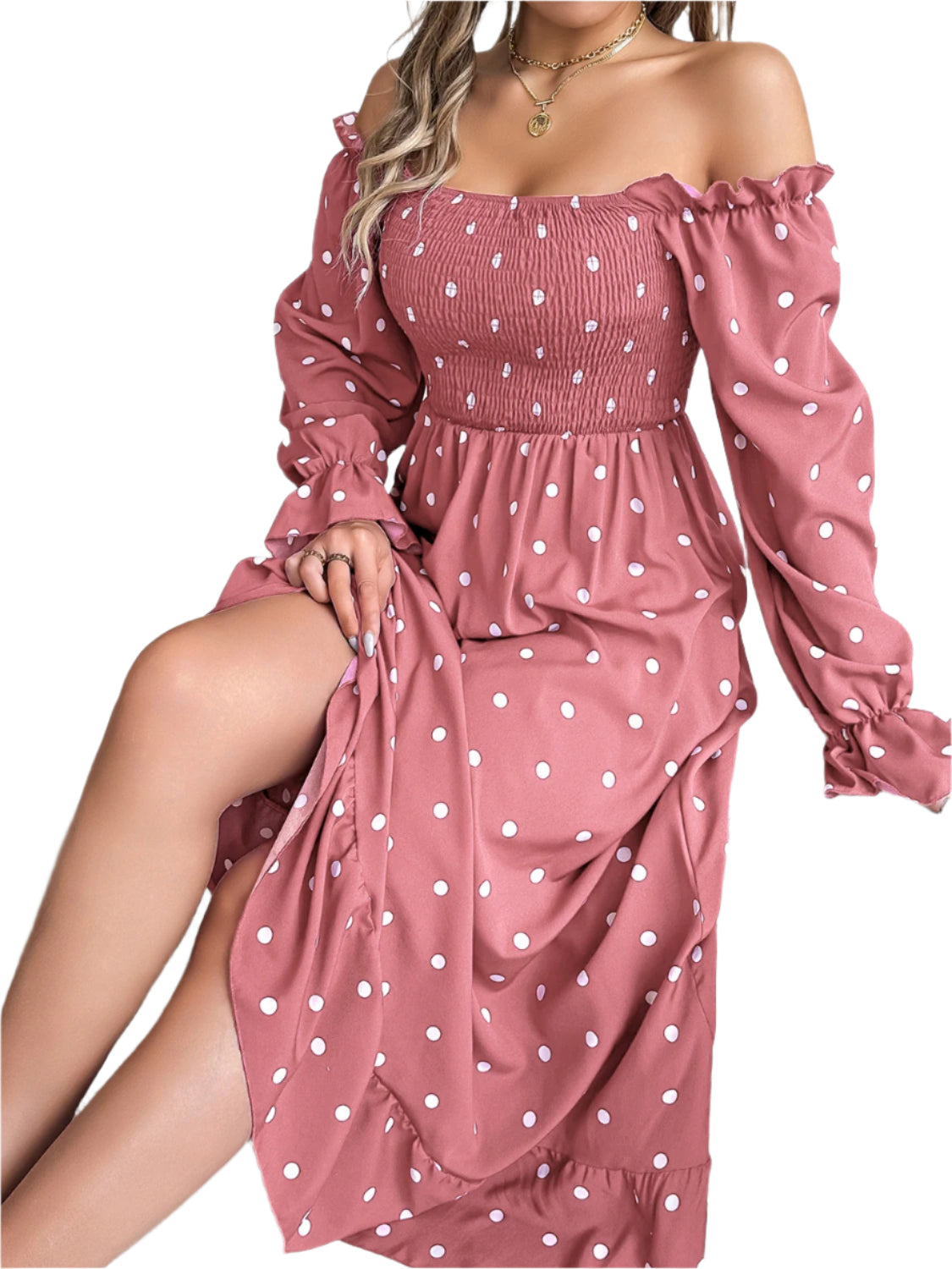 Polka Dot Flounce Sleeve Midi Dress