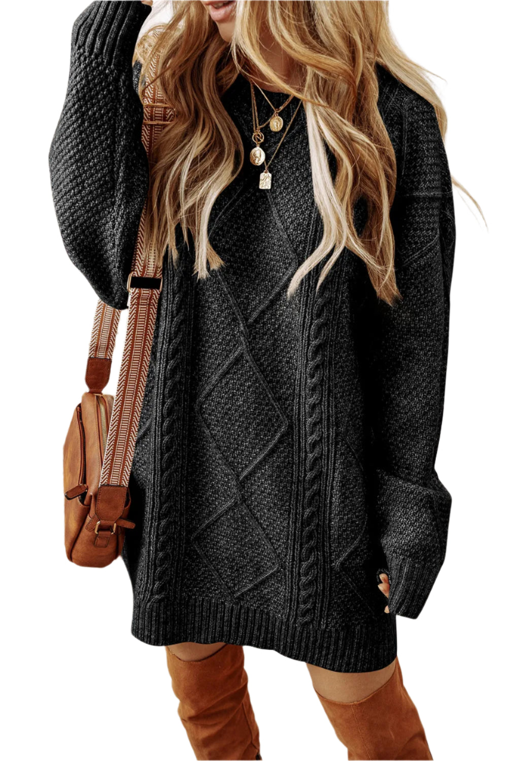 Cable-Knit Round Neck Sweater Dress