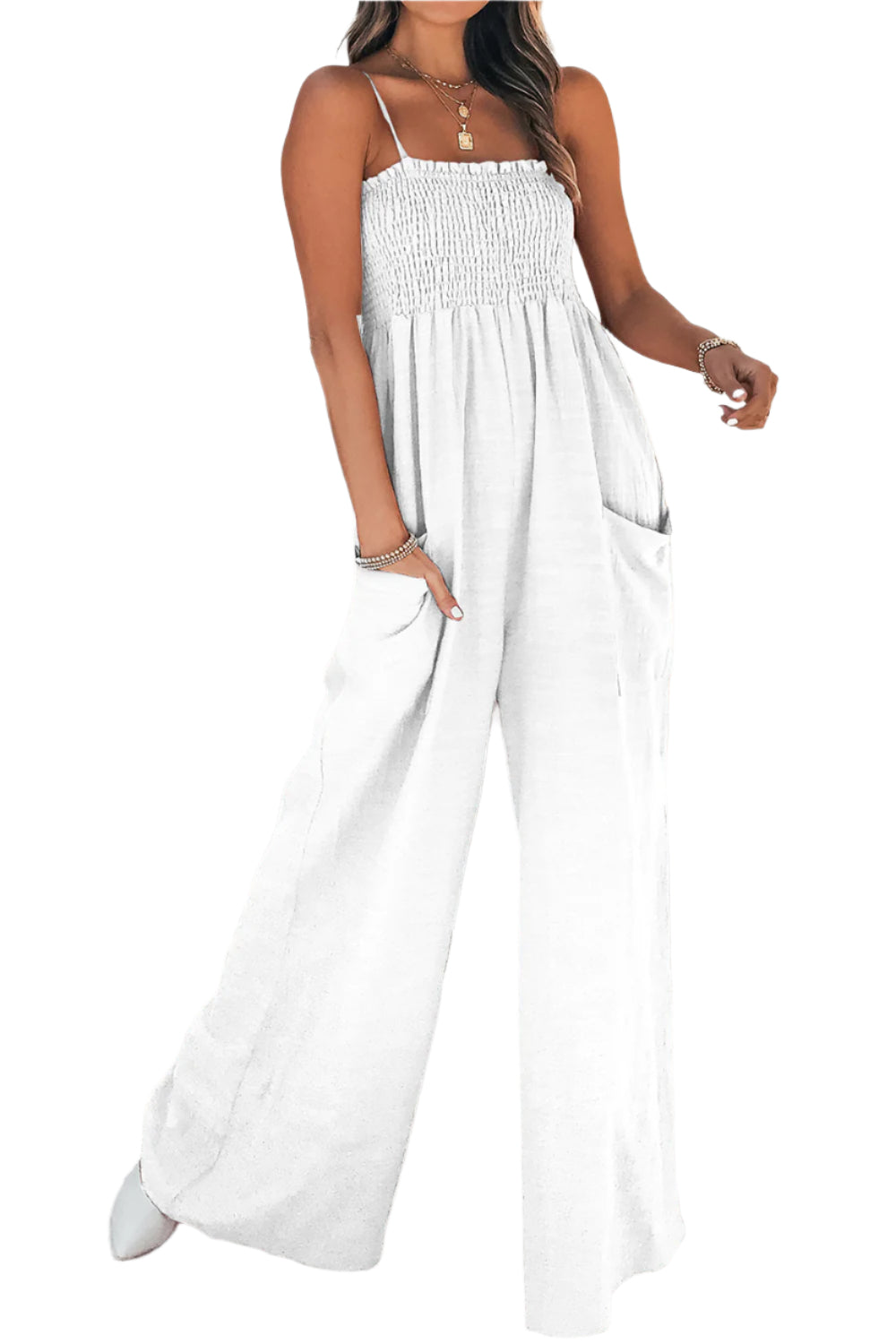 Smocked Spaghetti Strap Wide Leg Jumpsuit