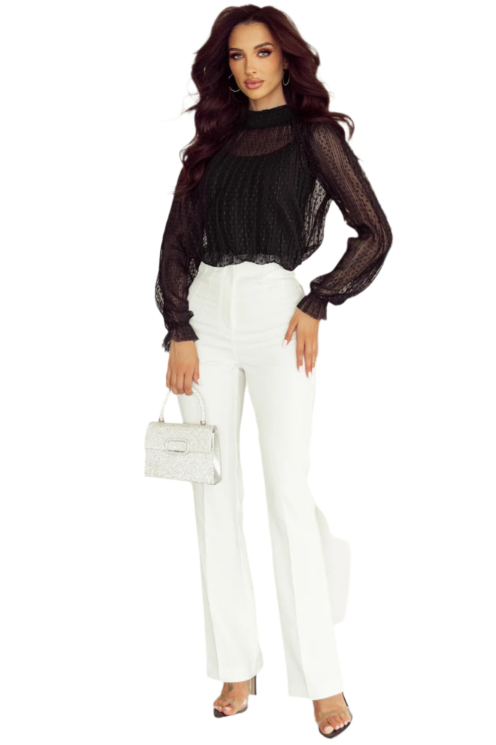 cami and Lace Sheer Mock Neck Long Sleeve Blouse