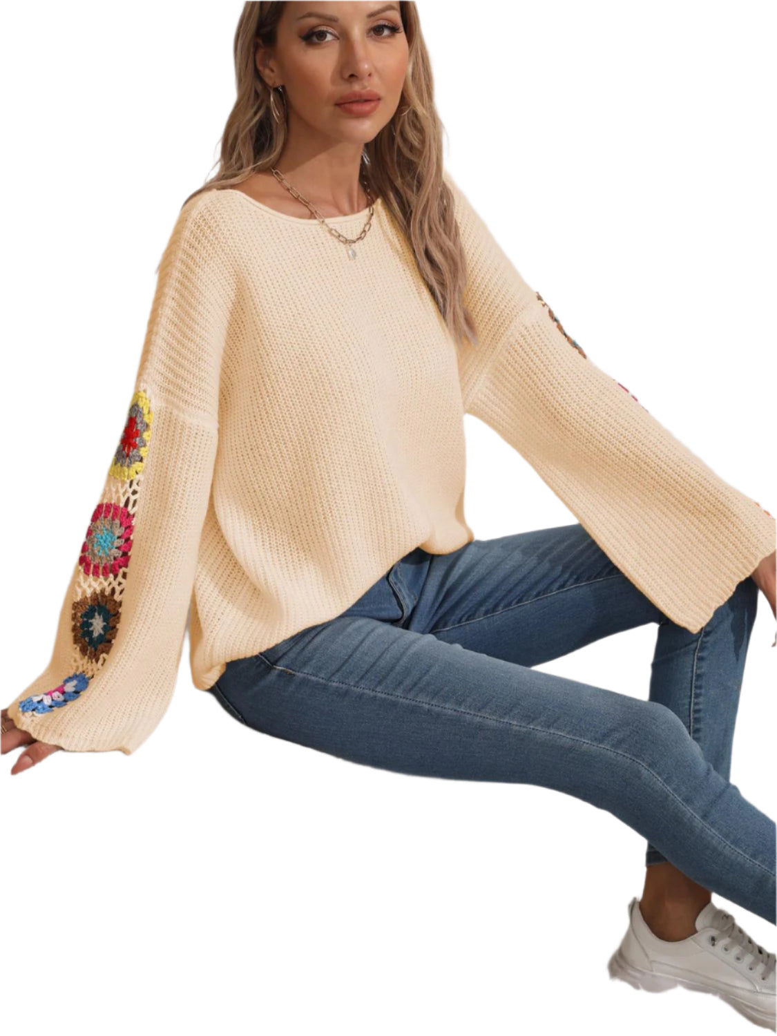 Crochet Flower Long Sleeve Sweater