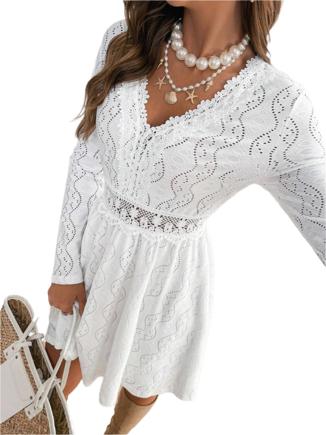 Lace Detail V Neck Long Sleeve Mini Dress