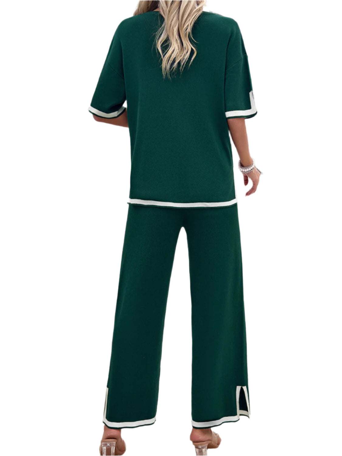 Devine Contrast Trim Round Neck Top and Pants Set