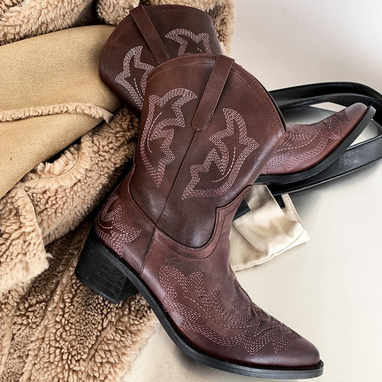 Cowhide Women's Embroidered Western Boots