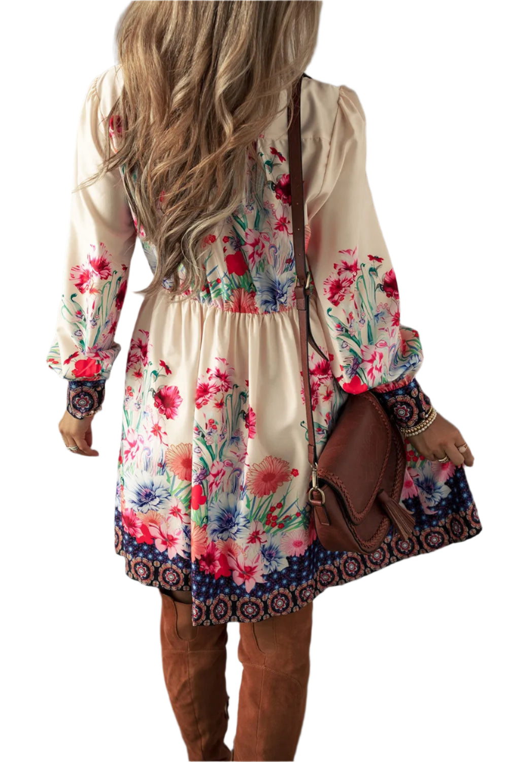 Flower Button Down Lantern Sleeve Dress