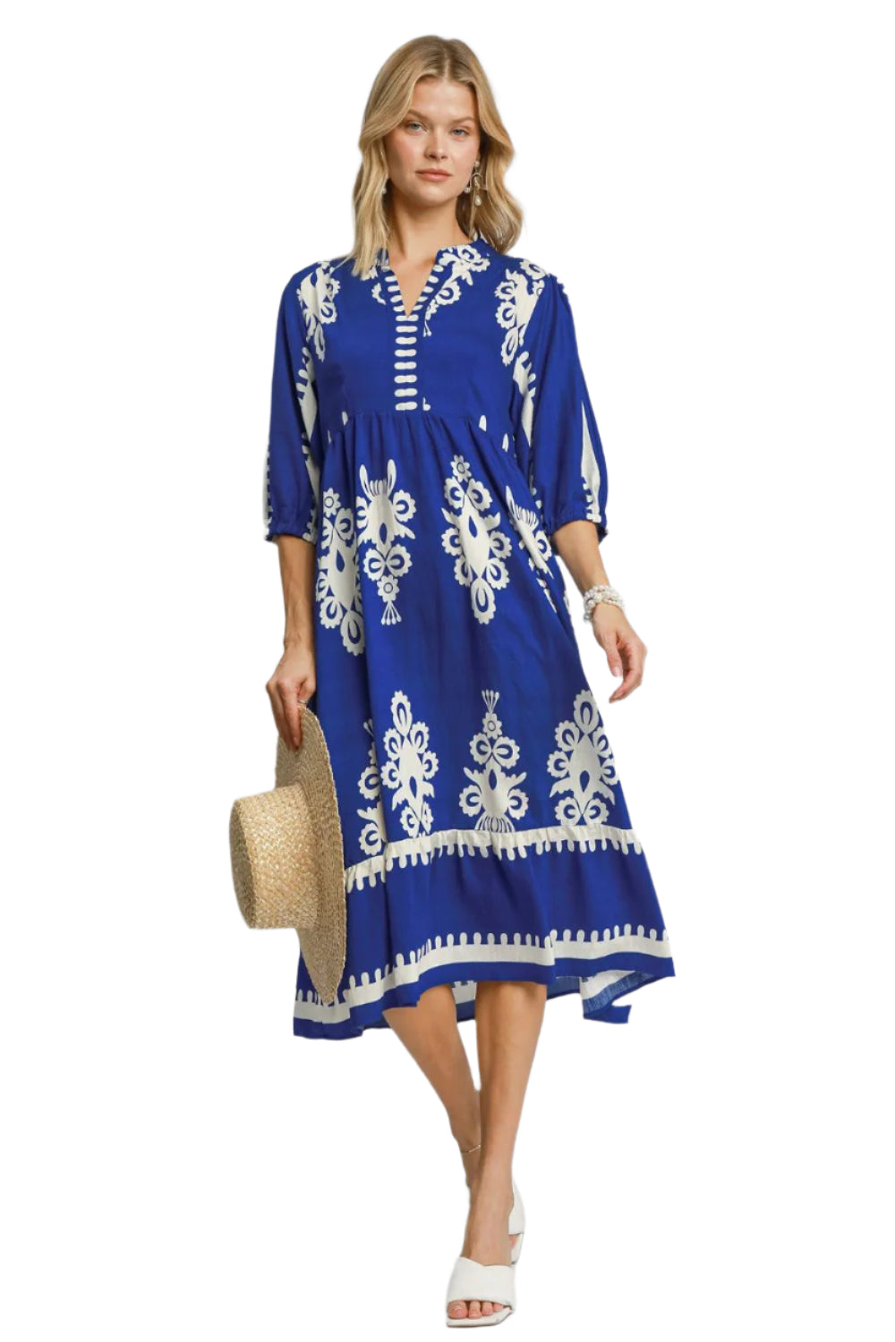 Umgee Printed Notched Midi Dress