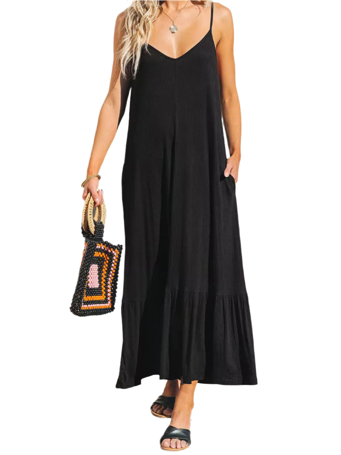 V-Neck Ruffled Hem Midi Cami Dress