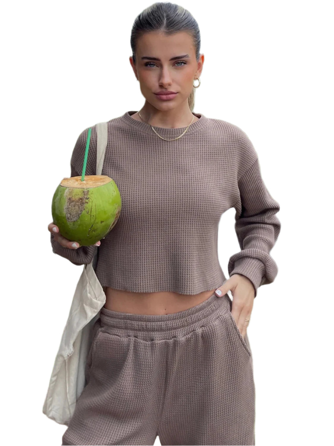 Waffle-Knit Round Neck Top and Pants Set