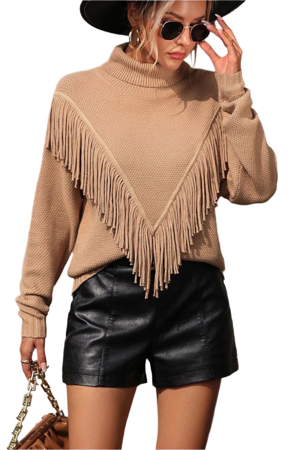 Turtle Neck Tassel Front Long Sleeve Pullover Sweater