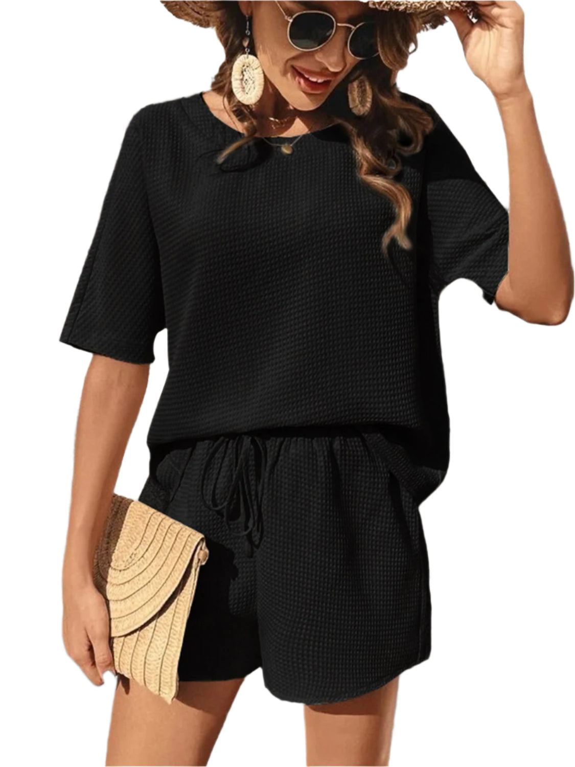Waffle-Knit Half Sleeve Top and Shorts Set
