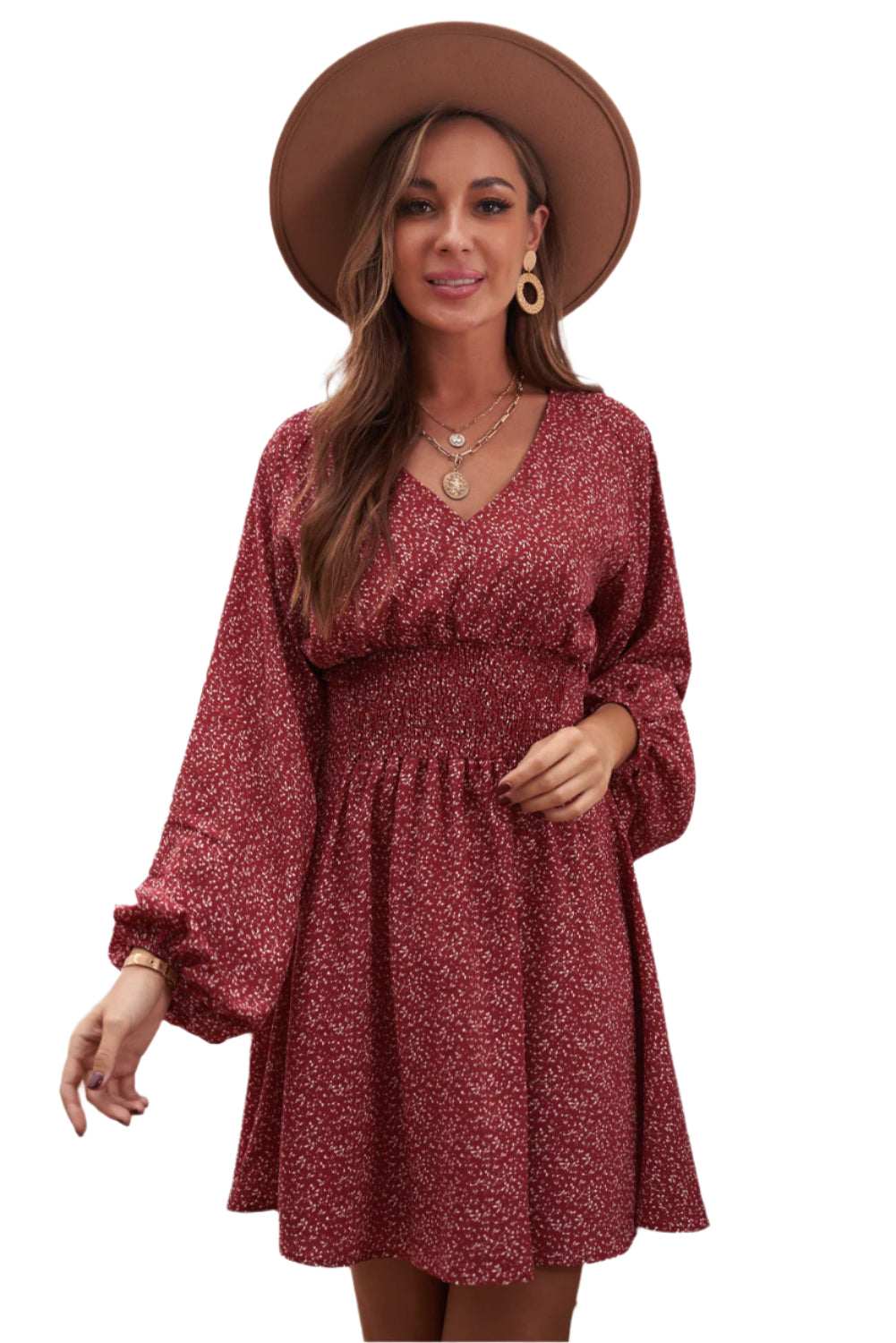 Smocked V-Neck Balloon Sleeve Dress