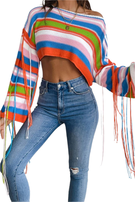 Fringe Striped Round Neck Knit Top