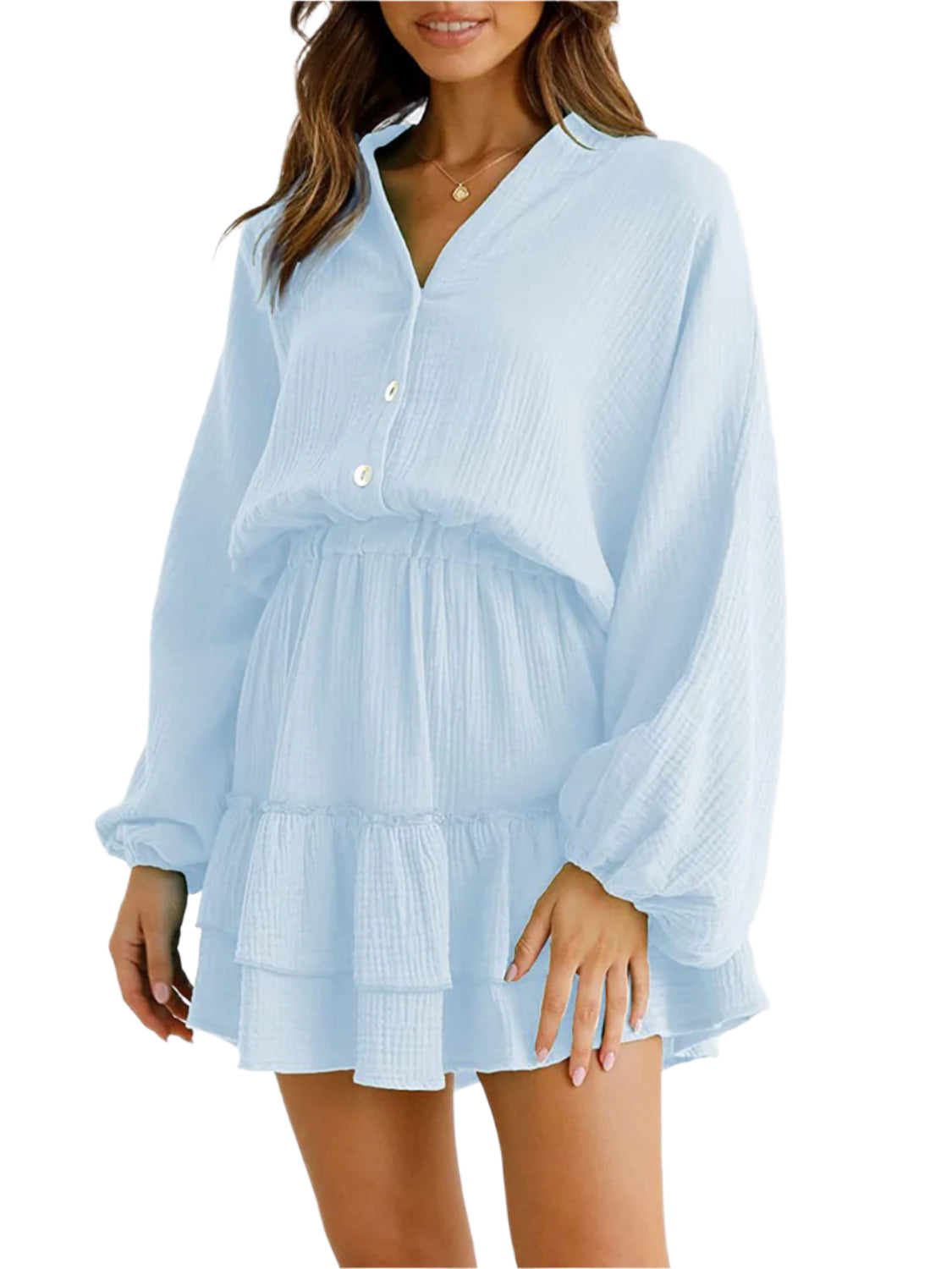 Ruffled Notched Balloon Sleeve Mini Dress