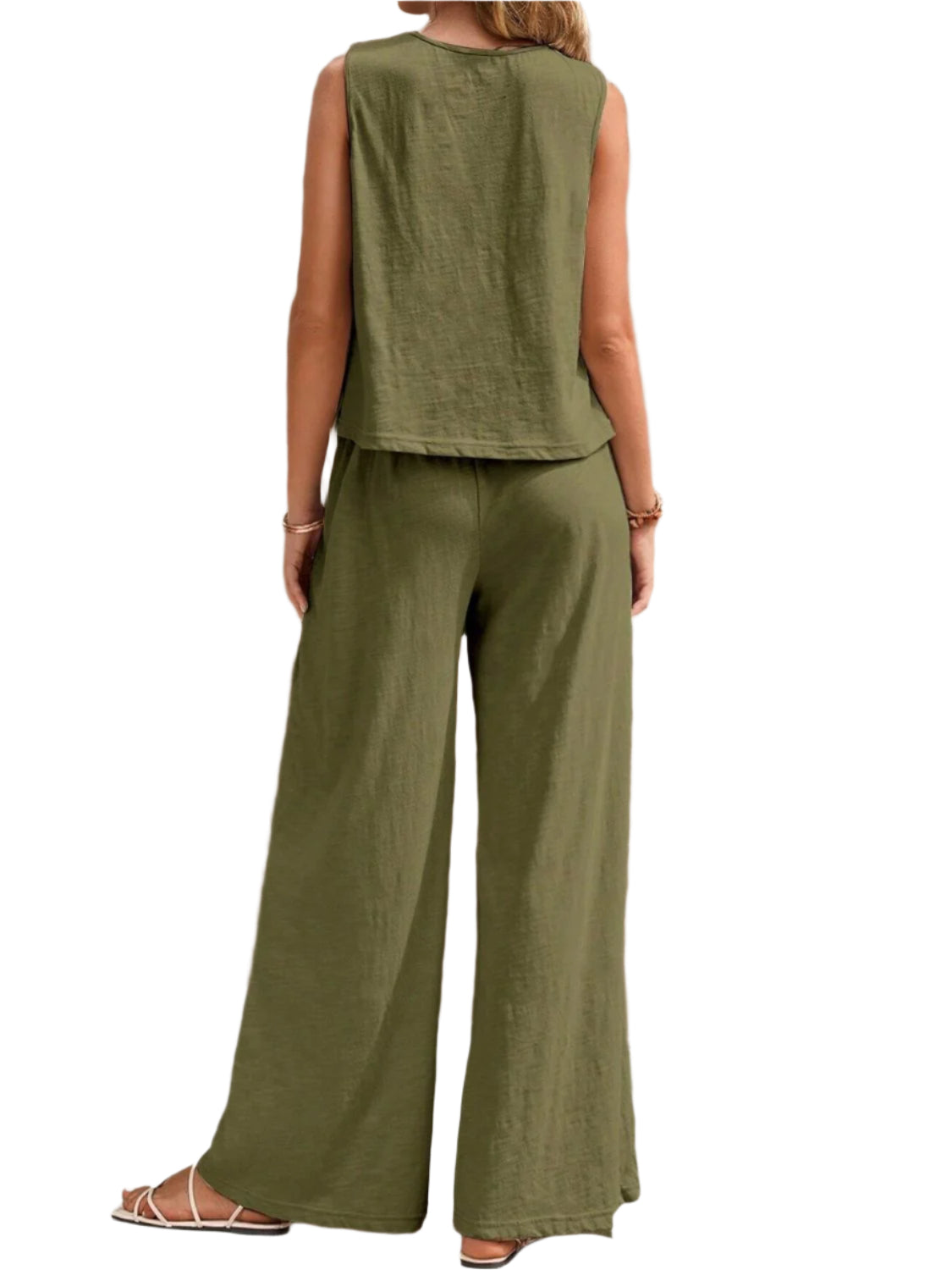Round Neck Sleeveless Top and Wide Leg Pants Set