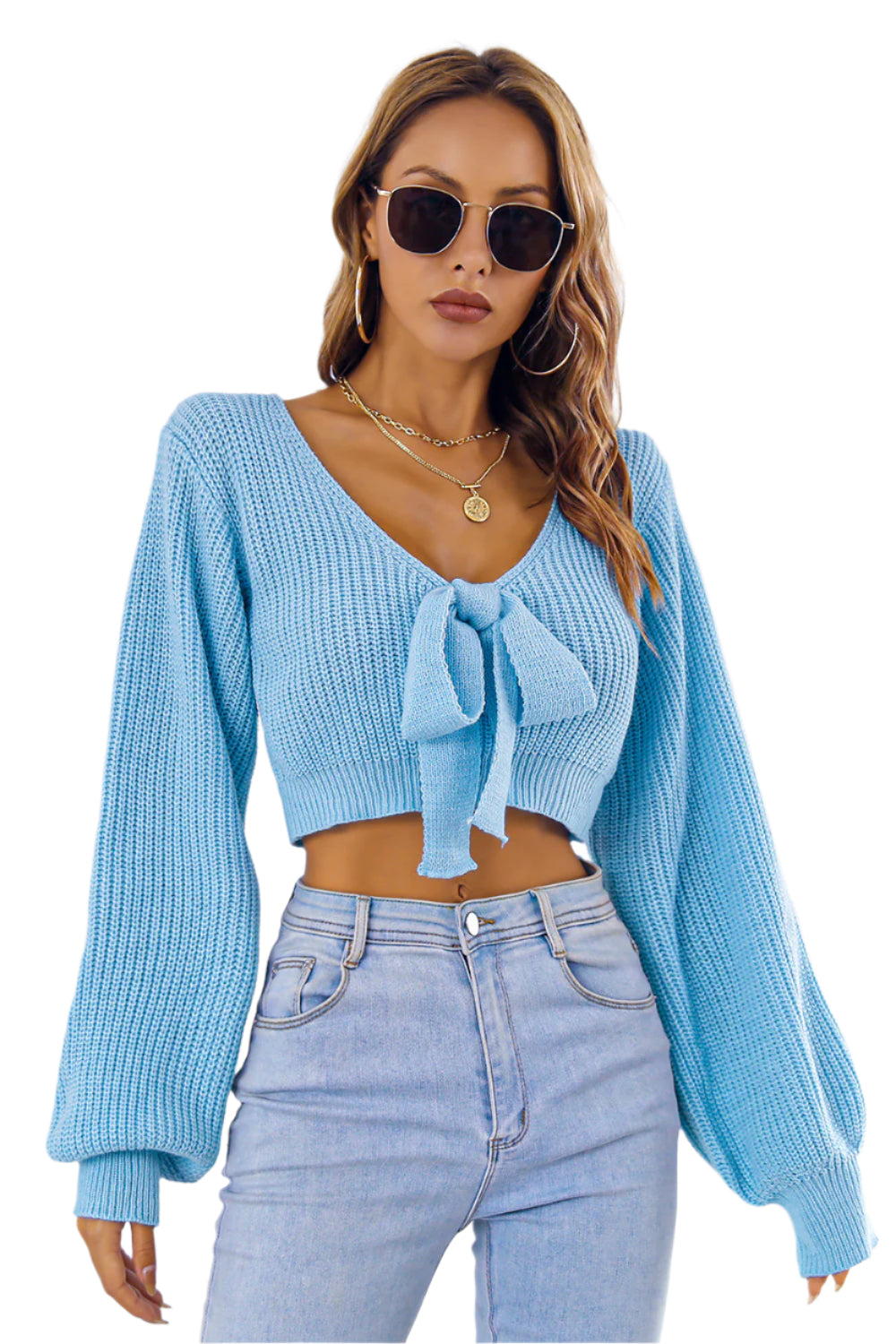 Bow V-Neck Long Sleeve Cropped Sweater